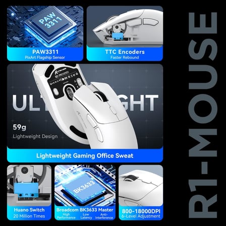 R1 59g SUPERLIGHT Fare, PixArt PAW3311 Oyun Sensörü, BT/2.4G Kablosuz/Kablolu Oyun Faresi, 18000'e kadar 6 Ayarlanabilir DPI, 65 Saat Pil (Beyaz)