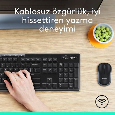 MK270 Kablosuz Klavye Mouse Seti, Tam Boyutlu, Sağ ve Sol Elle Kullanıma Uygun Mouse, 10 m Kullanım Mesafesi, Sıvı Dökülmesine Dayanıklı, Türkçe Q Klavye, Siyah