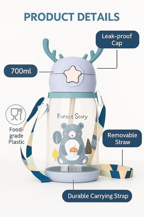 Geyik Figürlü Pipetli Su Matarası 700 ml Askılı Sticker Hediyeli Çocuk Suluk Gıda Sınıfı Plastik Kapaklı Sızdırmaz Matara Okul Spor Seyahat (Mavi)