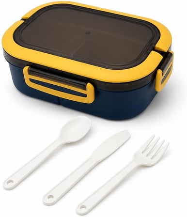 1200 ml 2 Katlı 6 Bölmeli BPA'sız PP Plastik Sefer Tası ve Beslenme Çantası - Hava Kilitli Bento Lunch Box, Çatal ve Kaşık Dahil (Mavi)