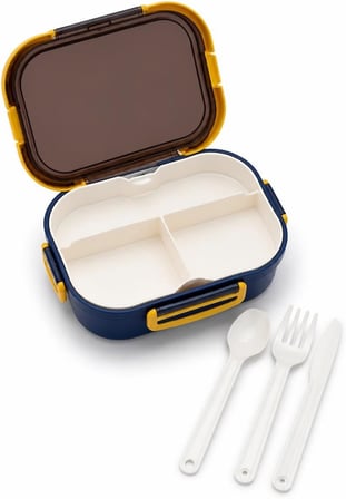1200 ml 2 Katlı 6 Bölmeli BPA'sız PP Plastik Sefer Tası ve Beslenme Çantası - Hava Kilitli Bento Lunch Box, Çatal ve Kaşık Dahil (Mavi)