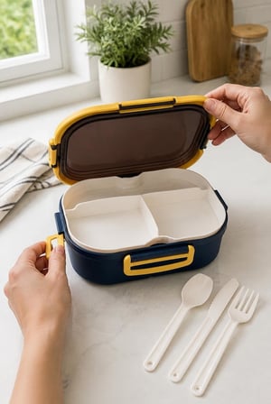 1200 ml 2 Katlı 6 Bölmeli BPA'sız PP Plastik Sefer Tası ve Beslenme Çantası - Hava Kilitli Bento Lunch Box, Çatal ve Kaşık Dahil (Mavi)