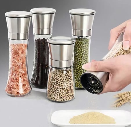 Paslanmaz Çelik Kapaklı Cam Gövdeli Baharat Değirmeni Seti 2'li 19 cm