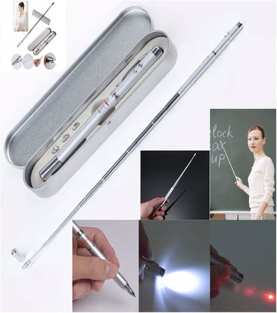 Metal Kutulu Kırmızı Lazerli, Led Işıklı Mıknatıslı Pointer Kalemi İşaretçi Uzayabilen Sunum Çubuğu Teleskopik Metal Tükenmez Kalem (PRS-1521G)