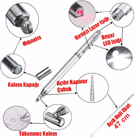Metal Kutulu Kırmızı Lazerli, Led Işıklı Mıknatıslı Pointer Kalemi İşaretçi Uzayabilen Sunum Çubuğu Teleskopik Metal Tükenmez Kalem (PRS-1521G)