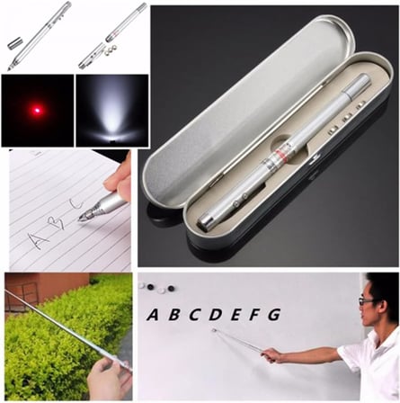 Metal Kutulu Kırmızı Lazerli, Led Işıklı Mıknatıslı Pointer Kalemi İşaretçi Uzayabilen Sunum Çubuğu Teleskopik Metal Tükenmez Kalem (PRS-1521G)