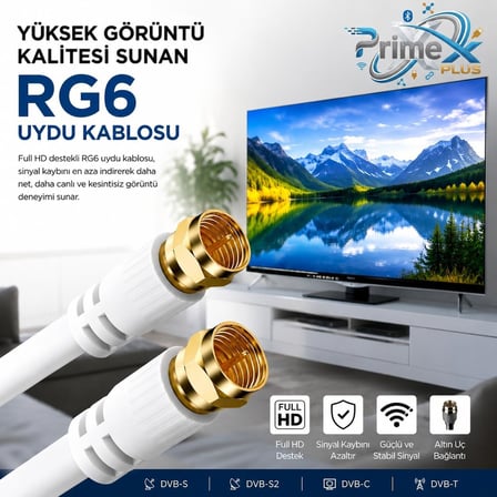 PX-TV05 0.5 Metre RG6 Full HD TV Uydu Kablosu, Altın uç Anten Kablosu, DVB-T, DVB-C, DVB-S, DVB-S2 Beyaz
