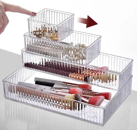 6 Parça Organizer Çekmece İçi Düzenleyici, Şeffaf Kristal Plastik Düzenleyici Seti, Plastik Organizer Kutular | Makyaj, Ofis, Mutfak ve Banyo Düzeni İçin 6 Farklı Boyda Şeffaf Kutu