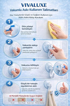 Güçlü Vantuzlu Askı 4’lü Set. Delme Gerektirmeyen Duvar Askısı, Banyo Mutfak Duş Lavabo İçin, Fayans Cam Seramik Uyumlu, İz Bırakmaz Kaymaz