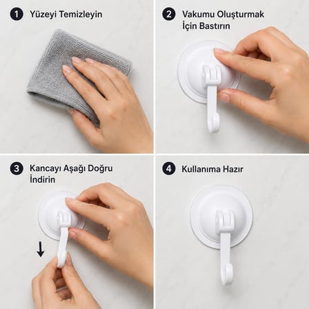 Güçlü Vantuzlu Askı 4’lü Set. Delme Gerektirmeyen Duvar Askısı, Banyo Mutfak Duş Lavabo İçin, Fayans Cam Seramik Uyumlu, İz Bırakmaz Kaymaz