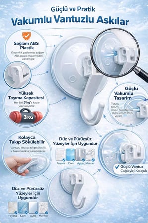 Güçlü Vantuzlu Askı 4’lü Set. Delme Gerektirmeyen Duvar Askısı, Banyo Mutfak Duş Lavabo İçin, Fayans Cam Seramik Uyumlu, İz Bırakmaz Kaymaz