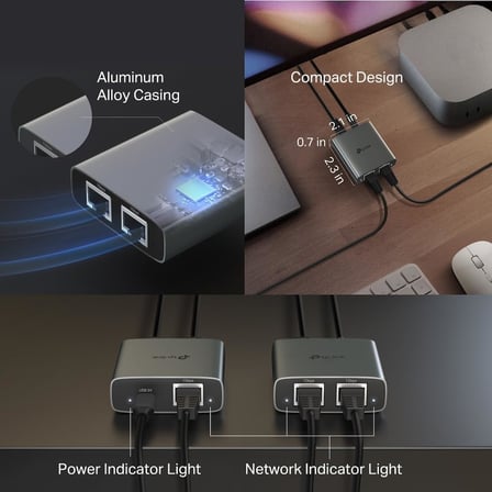EH210 Gigabit Ethernet Splitter 1 to 2, RJ45 LAN Çoğaltıcı 1000 Mbps, USB-C Güçlü, Dual Port Ethernet Bölücü, Tak Çalıştır Network Splitter