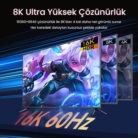 Displayport 16K 60Hz 8K 240Hz 4K 240Hz 80 Gbps HDR ARC Örgülü DP 2.1 Kablo 1.5 Metre