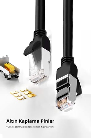 Cat6 Saf Bakır Metal Konnektör Ethernet Kablosu Siyah 1 Metre