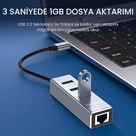 USB Type-C to 100Mbps Ethernet Çevirici ve 3 Portlu USB Hub Çoklayıcı