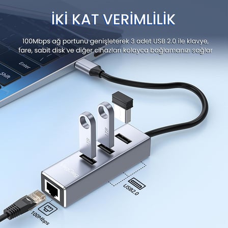 USB Type-C to 100Mbps Ethernet Çevirici ve 3 Portlu USB Hub Çoklayıcı