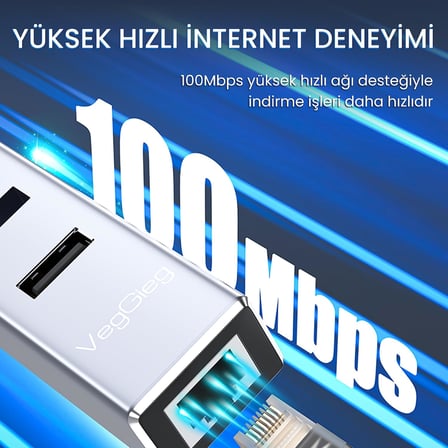 USB Type-C to 100Mbps Ethernet Çevirici ve 3 Portlu USB Hub Çoklayıcı