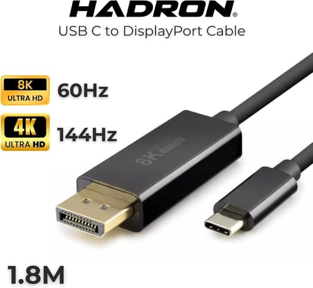 Type-C to DisplayPort Kablo - 8K 60Hz / 4K 144Hz Destekli, 1.8 Metre, Thunderbolt 3/4 Uyumlu, MacBook, iPad ve Yeni Nesil Laptoplar için DP Dönüştürücü Görüntü Kablosu (Siyah)
