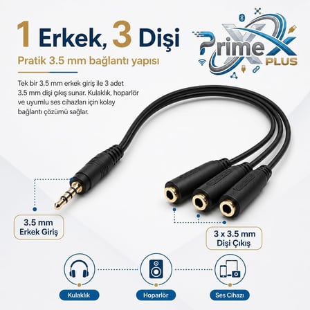 PrimeX PX-3AUX 3’lü Stereo Çoklayıcı, 3.5 mm AUX Jak Splitter Kablo, 1 Erkek Giriş 3 Dişi Çıkış, Kulaklık Hoparlör Telefon PC Araç Ses Paylaşım Adaptörü