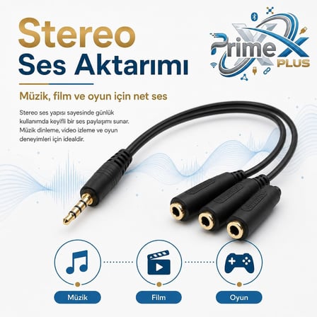 PrimeX PX-3AUX 3’lü Stereo Çoklayıcı, 3.5 mm AUX Jak Splitter Kablo, 1 Erkek Giriş 3 Dişi Çıkış, Kulaklık Hoparlör Telefon PC Araç Ses Paylaşım Adaptörü