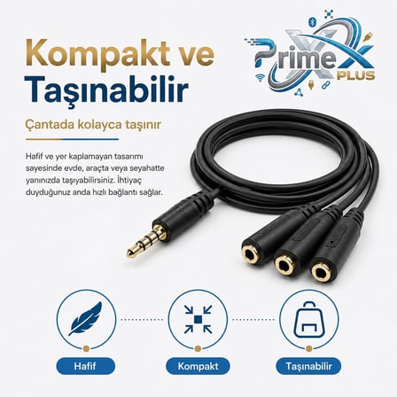 PrimeX PX-3AUX 3’lü Stereo Çoklayıcı, 3.5 mm AUX Jak Splitter Kablo, 1 Erkek Giriş 3 Dişi Çıkış, Kulaklık Hoparlör Telefon PC Araç Ses Paylaşım Adaptörü