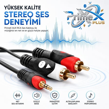 PrimeX PX-AUX3R 3 Metre 3.5mm AUX to 2 RCA Ses Kablosu, Telefon Laptop PC Tablet Ses Çıkışını Amfi Hoparlör TV Ses Sistemine Bağlama Kablosu, Kırmızı Beyaz RCA Stereo Audio Kablo