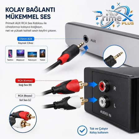PrimeX PX-AUX3R 3 Metre 3.5mm AUX to 2 RCA Ses Kablosu, Telefon Laptop PC Tablet Ses Çıkışını Amfi Hoparlör TV Ses Sistemine Bağlama Kablosu, Kırmızı Beyaz RCA Stereo Audio Kablo