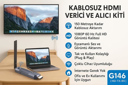 Kablosuz HDMI Verici ve Alıcı Kiti - Uydudan Projeksiyona | 150 Metre Menzil | 1080P 60Hz Notebook'dan TV'ye Görüntü Aktarımı | HD-TX-RX | Tak-Çalıştır | Çoklu Cihaz Desteği - G146 HDMI