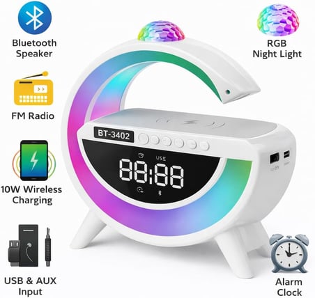 LED Işıklı Kablosuz Şarjlı Bluetooth Hoparlörlü Alarm Saati – Mükemmel Ses, Işık ve Konfor Tek Bir Cihazda!
