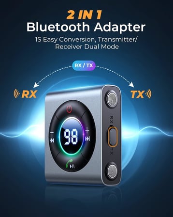 Bluetooth 5.3 Transmitter and Receiver 2 in 1 [LED Screen & Enhanced Dual Mics] Wireless Audio Adapter for Car/TV/Home Stereo/Headphone/Speaker/Airplane/Boat/Gym, AUX Bluetooth Adapter