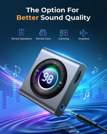 Bluetooth 5.3 Transmitter and Receiver 2 in 1 [LED Screen & Enhanced Dual Mics] Wireless Audio Adapter for Car/TV/Home Stereo/Headphone/Speaker/Airplane/Boat/Gym, AUX Bluetooth Adapter
