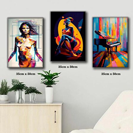 renkli art piano kadın tablosu 3 adet 35cmx50cm kumaş baskılı canvas tablo
