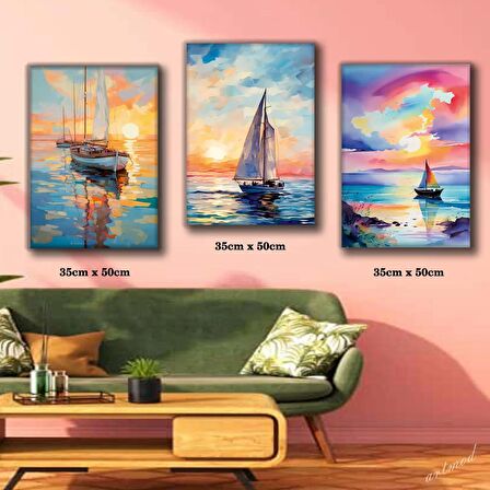 gün batımı deniz tekne yelkenli resim tablosu 3 adet 35cmx50cm kumaş baskılı canvas tablo