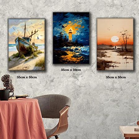 gün batımı kıyı tekne gece deniz feneri tablosu 3 adet 35cmx50cm kumaş baskılı canvas tablo