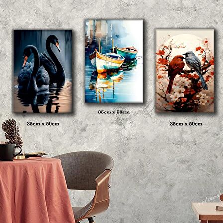 siyah kuğu göl kayık daldaki kuş tablosu 3 adet 35cmx50cm kumaş baskılı canvas tablo