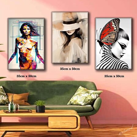 şapkalı kadın artist pozlu kadın tablosu 3 adet 35cmx50cm kumaş baskılı canvas tablo