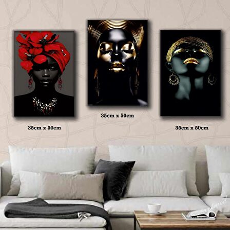 siyahi kadın artistlik silüet surat tablosu 3 adet 35cmx50cm kumaş baskılı canvas tablo