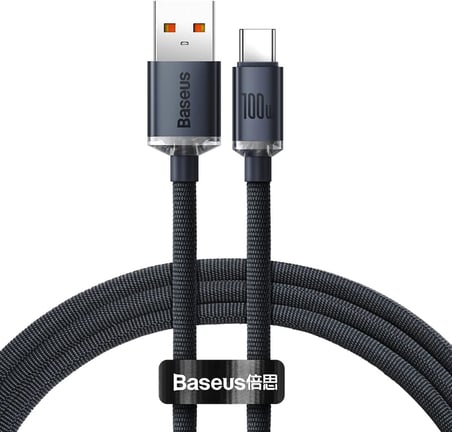 Crystal Shine USB-A - Type-C Hızlı Şarj Veri Kablosu 100W 5A 1,2M – Siyah (iPhone ile uyumlu değildir)