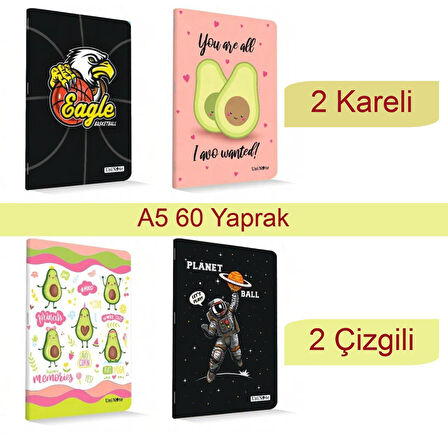 Çınar Uninote A5 60 Yaprak Karton Kapak Dikişli Defter 2 Çizgili 2 Kareli