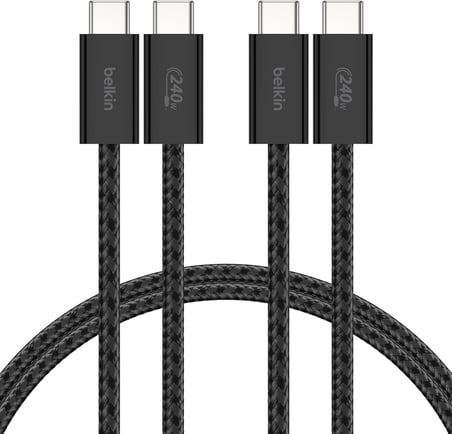 2'li Örgülü USB-C - USB-C Kablo, 1,5 m, 240 W, Yumuşak, Esnek ve Hızlı Şarj Kablosu, iPhone 17 ve 16 Serisi, Galaxy S25, Pixel 10, iPad Pro ve Daha Fazlasıyla Uyumlu, Siyah
