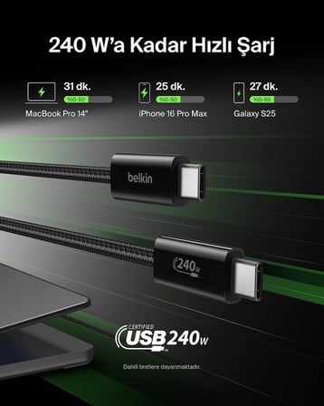 2'li Örgülü USB-C - USB-C Kablo, 1,5 m, 240 W, Yumuşak, Esnek ve Hızlı Şarj Kablosu, iPhone 17 ve 16 Serisi, Galaxy S25, Pixel 10, iPad Pro ve Daha Fazlasıyla Uyumlu, Siyah
