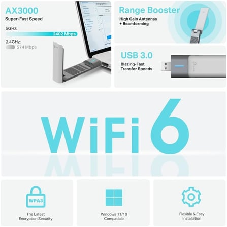 Archer TX50UH, AX3000Mbps USB Adaptörü, Wi-Fi 6, USB 3.0, Çift Bantlı, WPA3, Beamforming, MU-MIMO