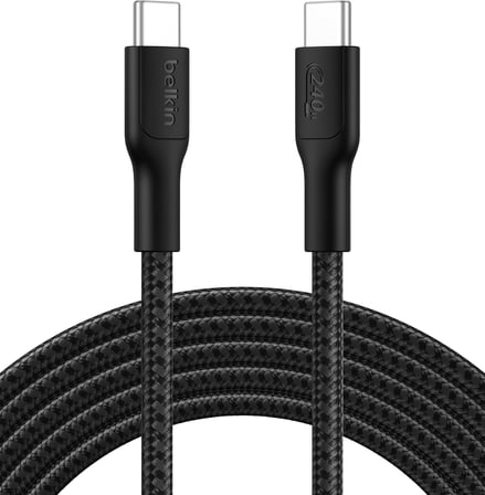 Eco Örgülü USB-C - USB-C Kablosu, 3 m, 240 W, Yumuşak, Esnek Hızlı Şarj Kablosu, iPhone 16, Galaxy S25, Pixel 9, MacBook, iPad Pro ve Daha Fazlası için Tip-C Şarj Kablosu - Siyah (USB 2.0)