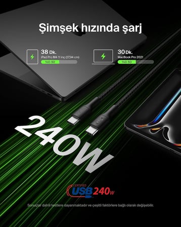Eco Örgülü USB-C - USB-C Kablosu, 3 m, 240 W, Yumuşak, Esnek Hızlı Şarj Kablosu, iPhone 16, Galaxy S25, Pixel 9, MacBook, iPad Pro ve Daha Fazlası için Tip-C Şarj Kablosu - Siyah (USB 2.0)