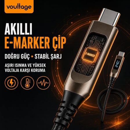 Type-C To Type-C 240W 1.2 M Dijital Watt Göstergeli Metal Uçlu Şarj Kablosu iPhone 17, 16, 15, Samsung Galaxy S24, S23, Pixel, iPad, MacBook, Nintendo, Xiaomi Uyumlu, Siyah