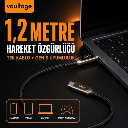 Type-C To Type-C 240W 1.2 M Dijital Watt Göstergeli Metal Uçlu Şarj Kablosu iPhone 17, 16, 15, Samsung Galaxy S24, S23, Pixel, iPad, MacBook, Nintendo, Xiaomi Uyumlu, Siyah