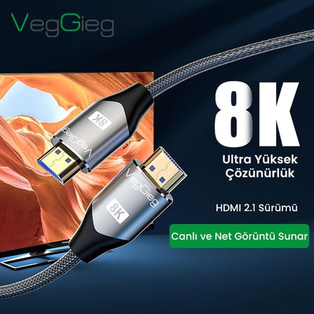 8K 60Hz 4K 120Hz 48 Gbps HDR ARC HDCP Örgülü HDMI 2.1 Kablo 1.5 Metre
