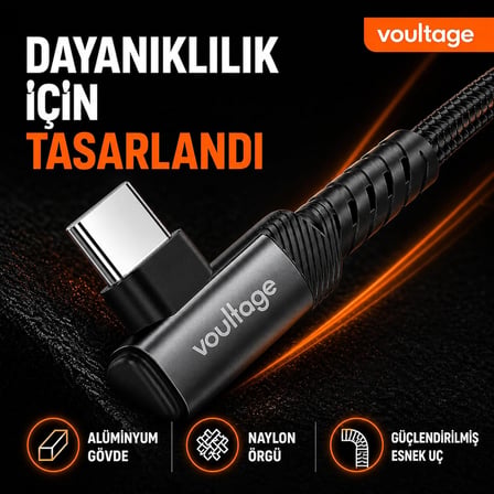 Type-C to Type-C L Uçlu 60W PD Hızlı Şarj Kablosu, 1 Metre, 90° Dirsek Uçlu USB-C Kablo, 3A, 480 Mbps Veri Aktarımı, Örgülü Naylon, Telefon, Tablet ve Bilgisayar Uyumlu – Siyah
