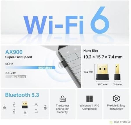 Archer TX10UB Nano | Wi-Fi 6 & Bluetooth 5.3 USB Adaptör | AX900 Mbps | Çift Bant | İkisi Bir Arada | Kolay Kurulum | Windows Uyumlu