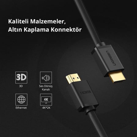 UHD 4K Yüksek Hızlı Ethernet ve HDMI Kablosu, Siyah, 3 Metre